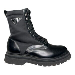 Prada Brushed Rois Leather and Nylon Lug Sole Combat Boots